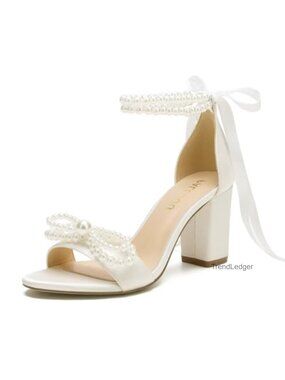 Block Heel Wedding Sandals Satin Pearl Bow Open Toe Bride Shoes